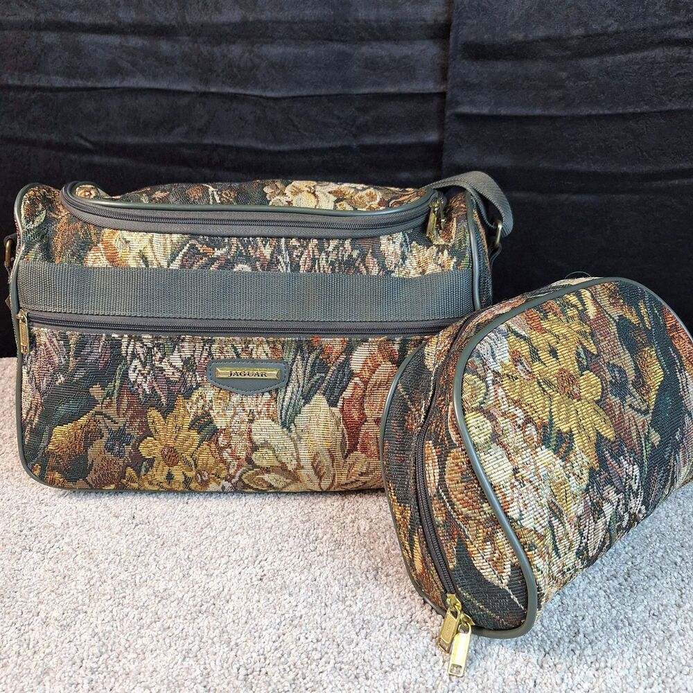1980s Vintage Carpet Bag + Makeup Bag Floral Tapestry Travel Weekend Carry-on